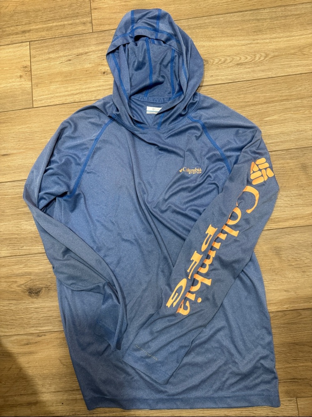 Columbia Blue Sun Hoodie Performance Long Sleeve with Orange Logo mens medium